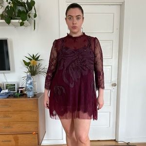 Free People Cabernet Red High-Neck Lace Mini Dress - Size L